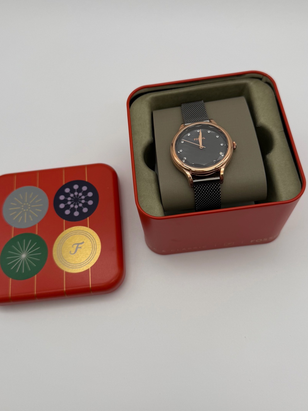 Fossil Rose Gold Case Black Mesh Strap Women's Watch